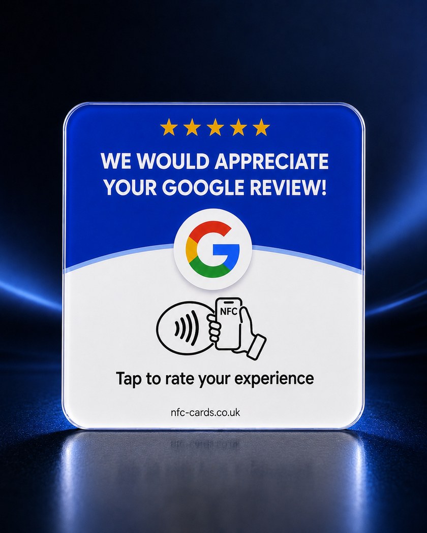 An nfc-cards.co.uk NFC review stand: five stars, 'We would appreciate your Google review!', the Google logo, and a tap-to-rate icon